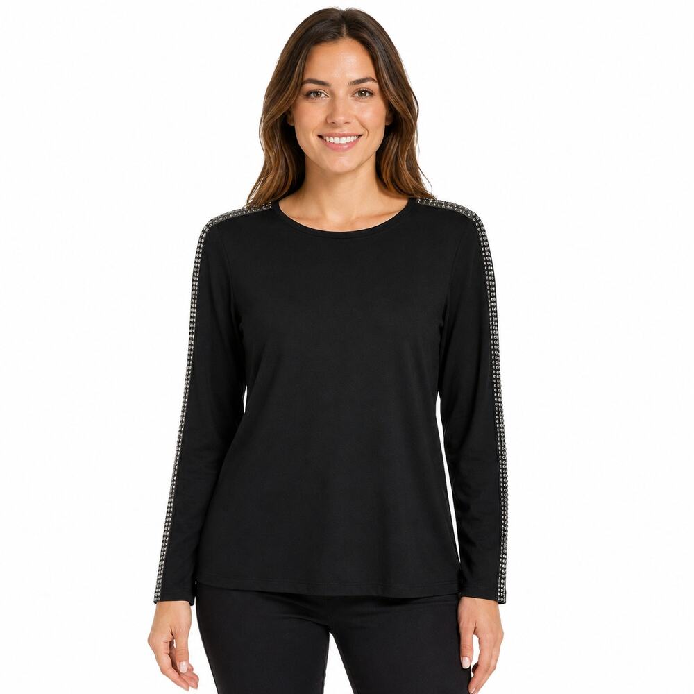 St. John Womens Long Sleeve Black Top Size M Silver Studded Sheer Stripe Scoop